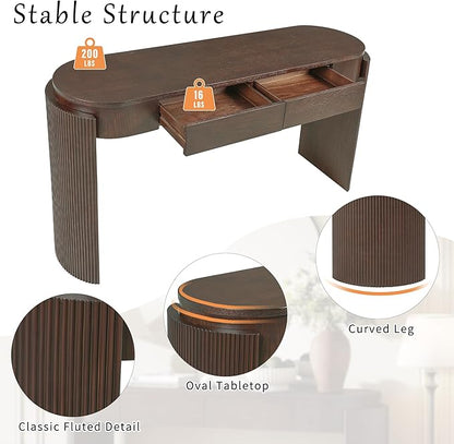 55" Sofa Table with Oval Top and 2 Drawers, Entryway Console Table with Fluted Design for Hallway,Foyer,Entry and Living Room (Fully Assembled-Espresso)