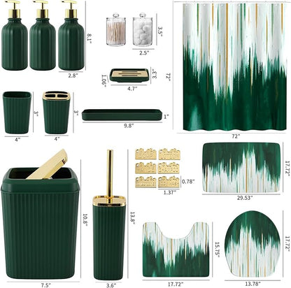 32PCS Bathroom Sets with Shower Curtain and Rugs-Dark Green Bathroom Accessories,Non Slip Bathroom Rugs Set with Toilet Lid Cover, Waterproof Shower Curtain, 3PC Soap Dispenser with Trash Can