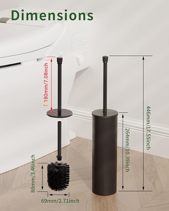 Toilet Brush and Holder Set, Toilet Bowl Brush for Bathroom with Long Handle, Stainless Steel Toilet Cleaner Brush with Durable Scrubbing Bristles,Splash-Proof (Matte Black)