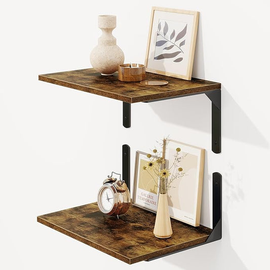 16" W x 12" D Floating Shelves for Wall, 12 Inch Deep Floating Shelf with Visible Bracket, Rustic Wood Bookshelf Wall Mounted, Deep Bathroom Shelves for Storage, Rustic Brown, Set of 2