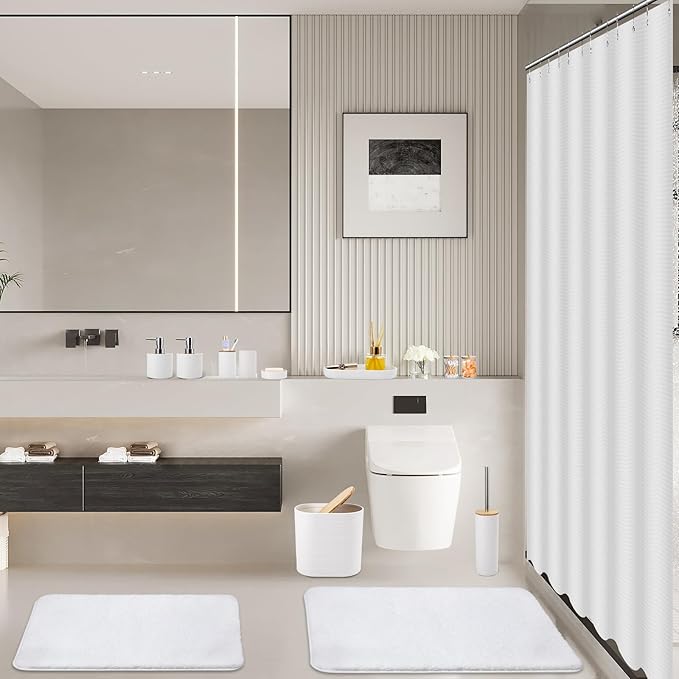 Bathroom Set - White Bathroom Accessories Set, Bathroom Sets with Shower Curtain and Rugs, 25PC Shower Curtain Set with Hooks, Soap Dispenser, Soap Dish, Toilet Brush Holder and Trash Can