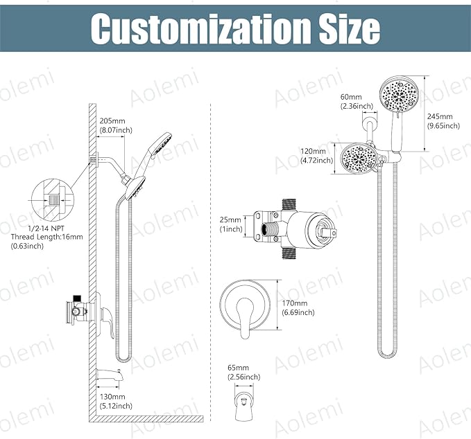 Aolemi Tub Shower Faucet Set with Tub Spout Rain Shower Head System Shower Trim Kit Pressure Rough-in Valve Included ABS 8 Setting Dual Shower Head and Handheld Spray Matte Black