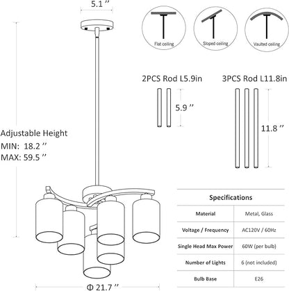 6-Light Gold Chandeliers for Dining Room, Modern Kitchen Island Light Fixtures Over Table, Metal Hanging Pendant Lighting for Living Room Stairwell Entryway Bedroom, Clear Glass Shade