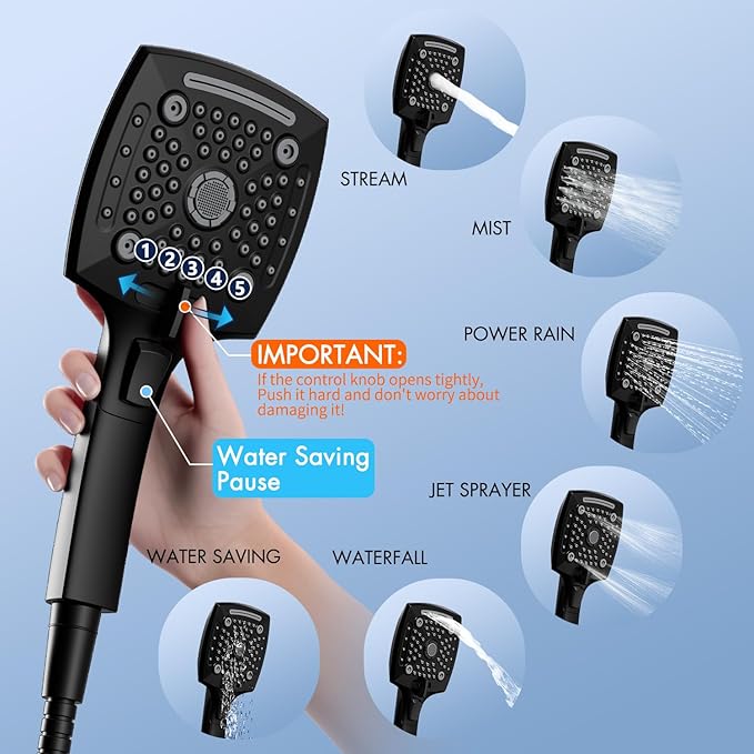 ELLO&ALLO Matte Black Tub Shower Faucet Set with Valve and Trim Kit, Rainfall Waterfall Shower Head with Handheld Combo