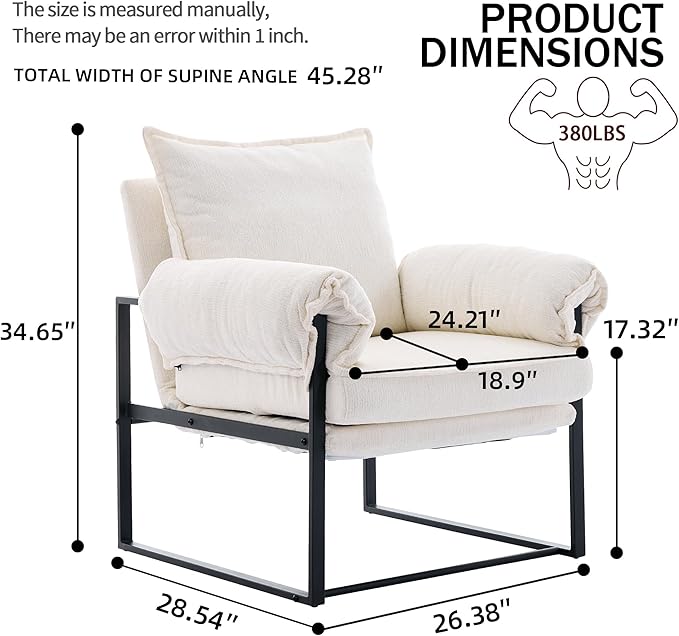 YISHENG Accent Chair with 6-Angle Adjustable Backrest, Chenille Fabric Living Room Chair Upholstered Lounge Chair, Modern Chair Cozy Reclining Chair for Reading Room, 1PC White