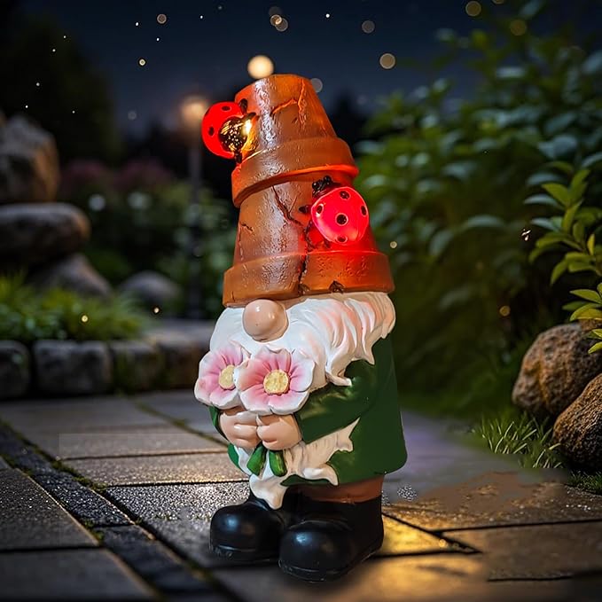 COWOS Garden Gnome Statues Outdoor Decor, Solar Gnomes with LED Lighted Flowers, Solar Resin Outdoor Statue Sculpture, for Woman Gift Home and Garden Decor