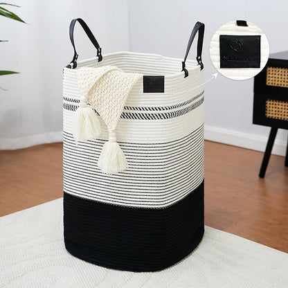 danpinera 100L Nursery Hamper, Tall Woven Laundry Basket with Long Leather Handles, Boho Laundry Hamper for Living Room & Bedroom, Eco-friendly & Convenient Decorative Storage Basket, White & Black