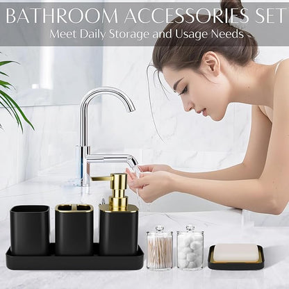 9PCS Bathroom Accessory Set, Black Bathroom Set with Large-Capacity 4 Gallon Trash Can, Bathroom Accessories Set Complete, Toothbrush Holder, Soap Dispenser, Toilet Brush, Bathroom Decor