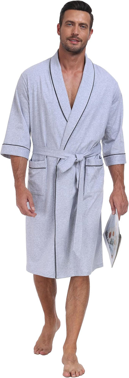 CF Men's Robe Cotton Bathrobe Soft Short Sleeve Bath Robes Shower Robe for Spa Soft Kimono Lightweight Sleepwear with Pockets