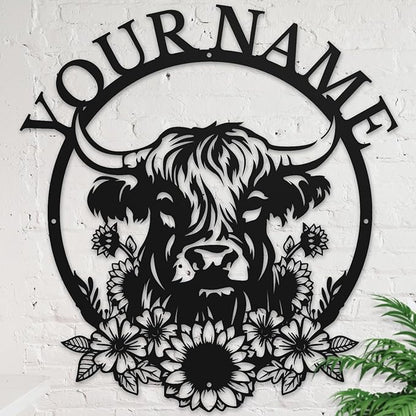 Personalized Highland Cow Name metal Signs,Custom Highland Cow Metal Shed Wall Decor,Black Metal Wall Art Plaques Outdoor wall Decorative Signage (Style H)