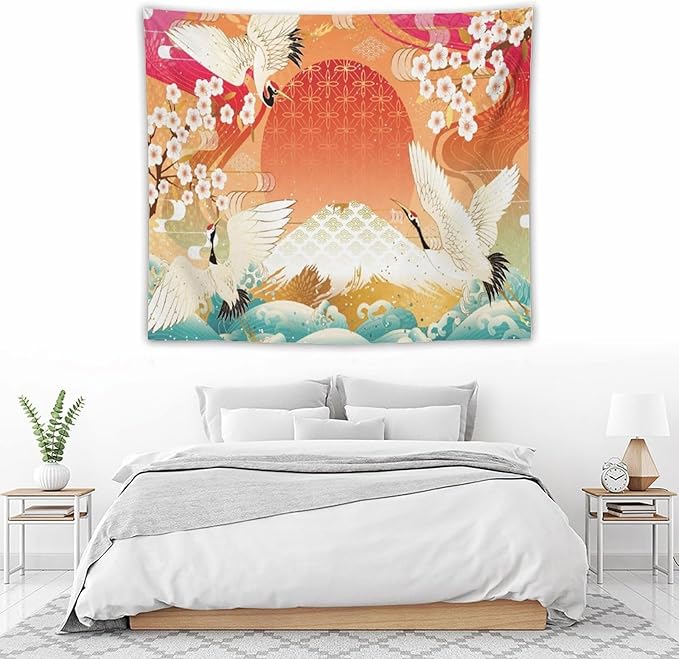 HZOHNAGO Japanese Tapestry Cherry Blossom Crane Sea Wave Fuji Mountain Red Sun Pattern Printed Wall Tapestry Painting Wall Hanging for Bedroom Living Room Dorm 60" W x 50" H