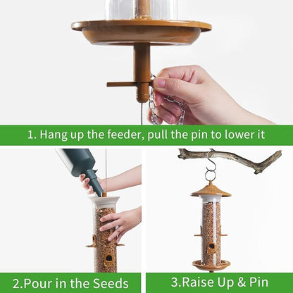 Vivace Hanging Bird Feeders, Easy to Fill 12" Tube Metal Bird Feeder for Outdoors, 4 Ports, with S Hook