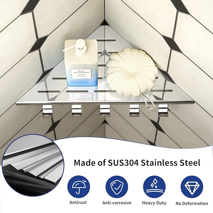 10‘’ Corner Shower Shelf, 304 Stainless Steel Shelves for Bathroom, Grout in Shelf with Hooks for Tiled Wall (Polished)