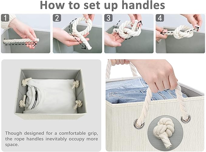 StorageWorks Storage Bins with Lids, Decorative Storage Boxes with Lid and Soft Rope Handles, Foldable Storage Baskets for Closet, Shelves, Stackable, Ivory and White, Medium, 3-Pack