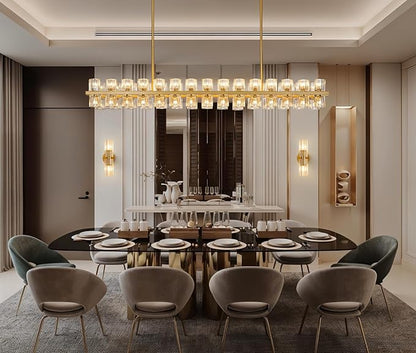 Crystal Brass Rectangle Chandeliers for Dining Room, 54in Gold Farmhouse Chandeliers for Dining Room, Modern Rectangle Crystal Chandelier for Kitchen Island Living Room, Includes 60XG4 Bulbs