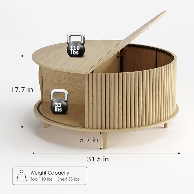 Round Coffee Table with Storage,Mid Century Modern Dining Table with Sliding Cabinet Door for Living Room,Home Small Space,31.5" Small Center Table,Oak
