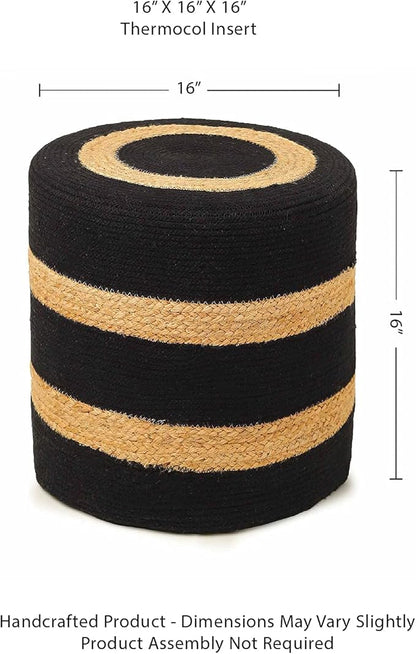 REDEARTH · Cylindrical Pouf Foot Stool Ottoman - Jute Braided Pouffe Poof Accent Sitting Footrest for The Living Room, Bedroom, Nursery, Patio, Lounge & Other Rooms (14.5”x14.5”x16”; Black Natural)