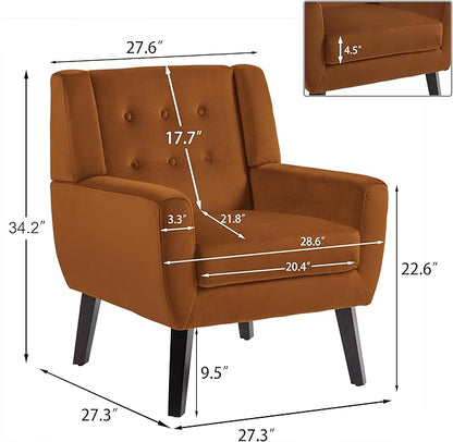 UIXE Accent Chair, Velvet Upholstered Armchair for Living Room, Modern Club Arm Chairs Comfy Single Sofa Button Tufted Bedroom Reading Seat - Orange, Set of 1