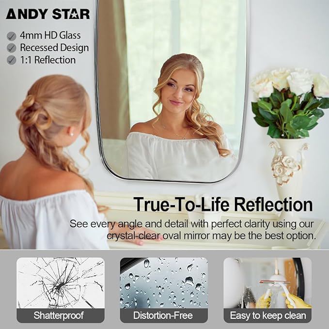 ANDY STAR Chrome Oblong Mirror, 32x40 Inch Polished Chrome Oval Mirror for Bathroom with Stainless Steel Metal Frame, Wall Mouned for Bathroom, Living Room, Entryway