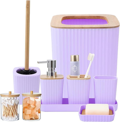 Purple Bathroom Accessory Set, Light Purple Bathroom Set with Trash Can, Tray, Toothbrush Holder,Toothbrush Cup,Soap Dispenser,Soap Dish,Toilet Brush and Qtip Holders