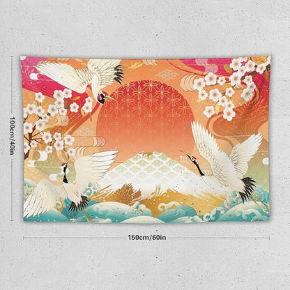 HZOHNAGO Japanese Tapestry Cherry Blossom Crane Sea Wave Fuji Mountain Red Sun Pattern Printed Wall Tapestry Painting Wall Hanging for Bedroom Living Room Dorm 60" W x 40" H
