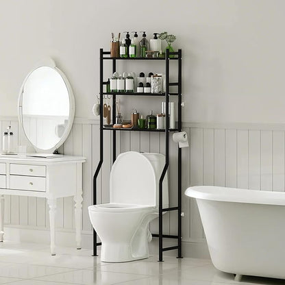 3-Tier Over The Toilet Storage with Paper Holder, Metal Bathroom Organizers and Storage for Small Space, Freestanding Bathroom Shelves with 4 Hooks, Above The Toilet Storage Shelf, Black