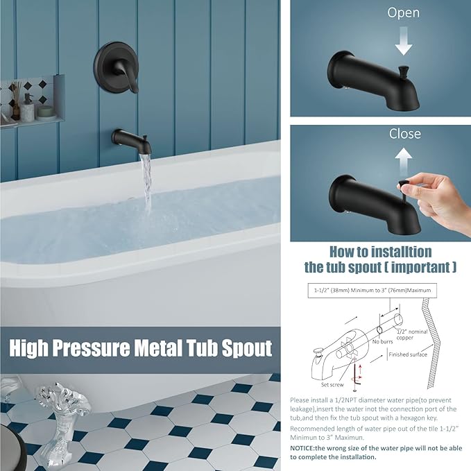 Aolemi Tub Shower Faucet Set with Tub Spout Rain Shower Head System Shower Trim Kit Pressure Rough-in Valve Included ABS 8 Setting Dual Shower Head and Handheld Spray Matte Black