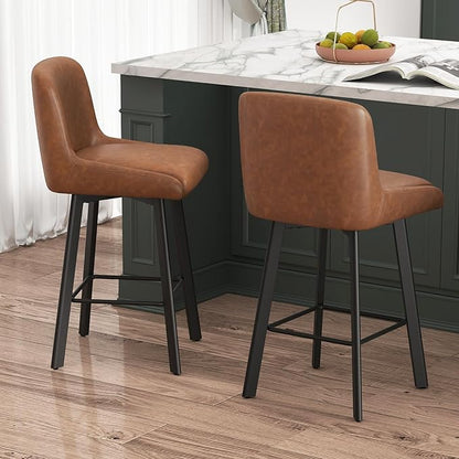 Swivel Bar Stools Set of 2, 26''H Upholstered Barstools with Backs, Modern Counter Height Bar Stool Chairs for Kitchen Island, Metal Legs, Faux Leather, Brown Counter Stools