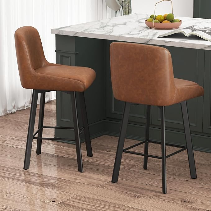 Swivel Bar Stools Set of 3, 26''H Upholstered Barstools with Backs, Modern Counter Height Bar Stool Chairs for Kitchen Island, Metal Legs, Faux Leather, Brown Counter Stools