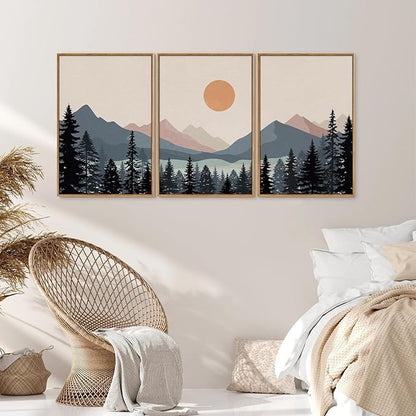 Tinonedraw Boho Mountain Framed Canvas Wall Art Set of 3, Watercolor Nature Landscape Art Prints, Modern Sunrise Art Paintings, Black Pines Tree Forest Wall Decor for Living Room Bedroom Office 16"x24"x3