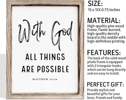 Christian Wooden Wall Signs, Religious Home Decor, Farmhouse Decor for Home Office, Christian Gift, Hanging Framed Wall Plaque 15 * 11.5 inches, With God All Things are Possible Sign
