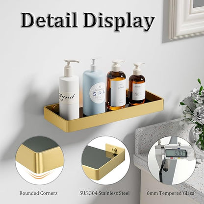 Alise Glass Bathroom Shelf,Gold 11.8 Inch Rectangular Floating Shelves for Bathroom, Showers, Vanities, Kitchens,SUS304 Stainless Steel Glass Shelf for Toilet Room Decoration