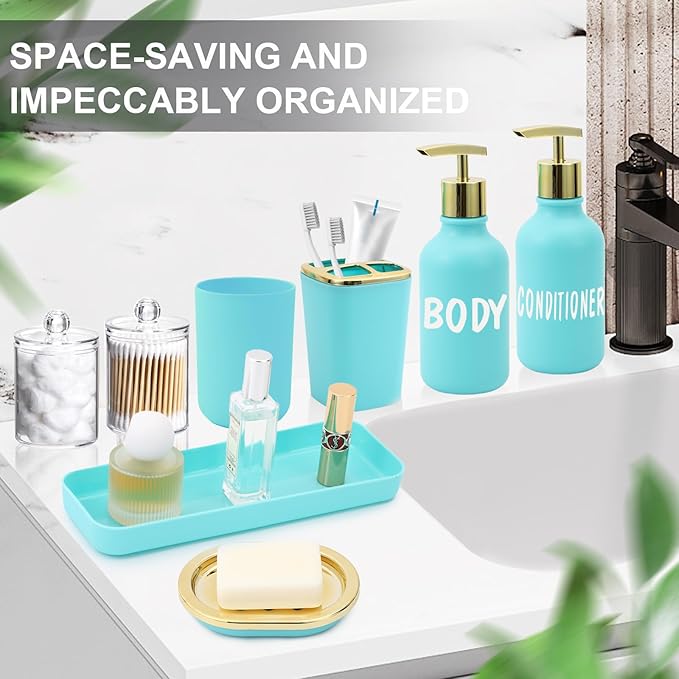 Teal Bathroom Accessories Set - 10 Piece Bathroom Accessory Set with Trash Can, Soap Dispenser, Soap Dish, Toothbrush Holder and Cup, Toilet Brush, Qtip Holder, Bathroom Decor Sets Complete