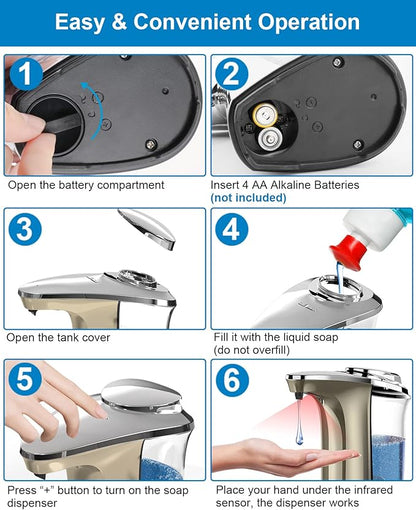 Automatic Soap Dispenser, Touchless Dish soap Dispenser 17oz/500ml with Upgraded Infrared Sensor, 5 Adjustable Soap Dispensing Levels, Liquid Hand soap Dispenser for Bathroom & Kitchen
