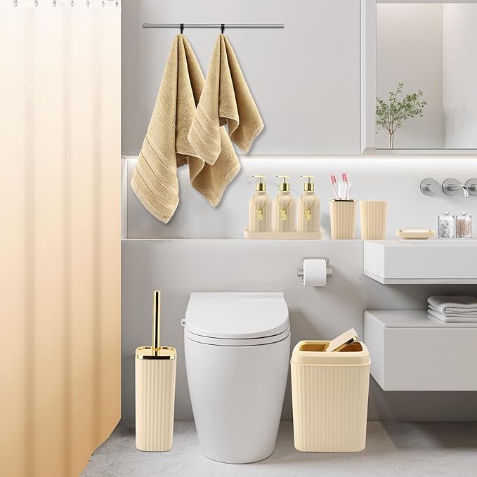 32PCS Bathroom Accessories Set Bathroom Set,Beige Shower Curtain Set,Bath Towel Set,Hand Towel,Toilet Brush,Trash Can & 3PCS Soap Dispenser