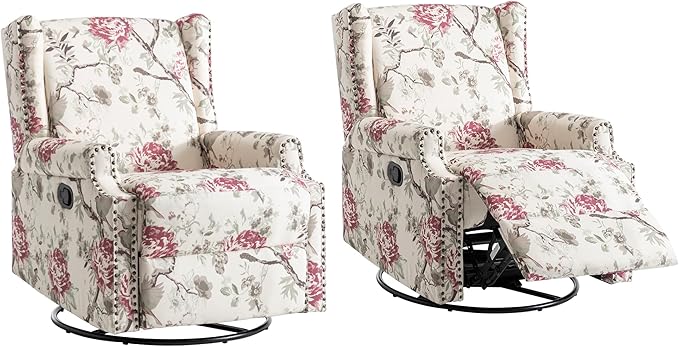 UIXE Swivel Rocker Manual Recliner Chairs Set of 2, Wingback Swivel Glider Fabric Nursery Reclining Sofa Chair, High Back Upholstered Arm Chair for Living Room Bedroom - Beige Floral