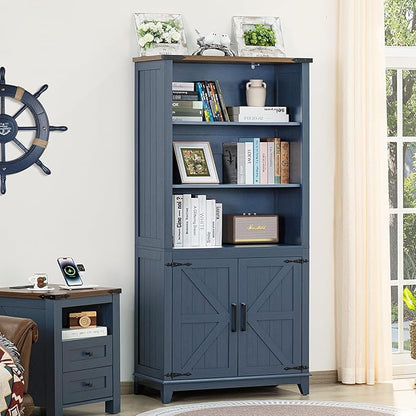 5 Tier Bookshelf 70in Tall Bookcase with Barn Doors and Storage Cabinet, Blue Farmhouse Book Shelf with Adjustable Shelves, Wood Freestanding Display Bookshelves for Bedroom, Kitchen (3PCS)