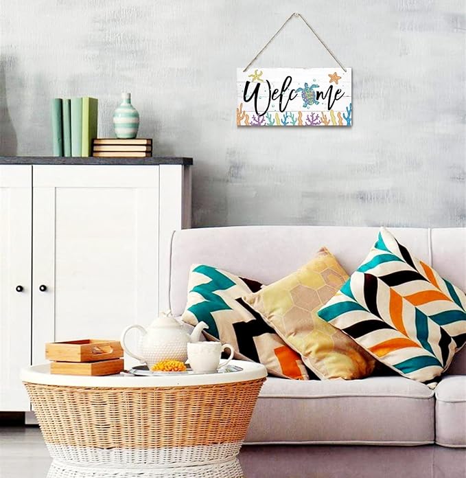 Welcome Decor Sign, Hanging Wood Sign Home Decorative, Printed Wood Wall Art Sign, Ocean Style Welcome Sign, Porch Decor, Farmhouse Front Door Wall Art Sign, Beach House Home Decor Sign 12 * 6inch