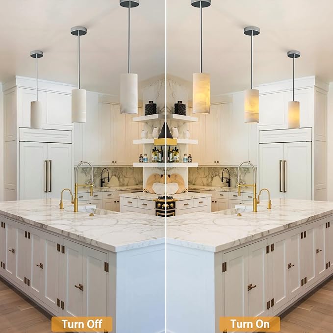 Alabaster Pendant Light Kitchen Island, H-9.5in Nickel Pendant Light Fixtures with Natural Marble Shade, Adjustable Ceiling Pendant for Dining Room, Living Room, Bedroom & Bathroom