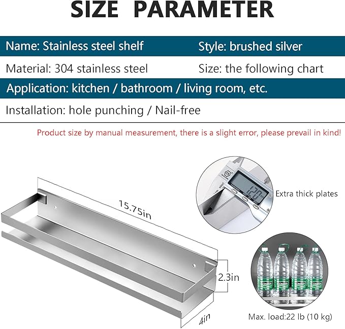 Rustproof Metal Storage Floating Shelves Wall Mounted Rectangular Shelf for Bedroom,Bathroom, Living Room, Kitchen, and Laundry Room,Nail-Free Wall-Mounted Shelves（15.75 Inch Silver）