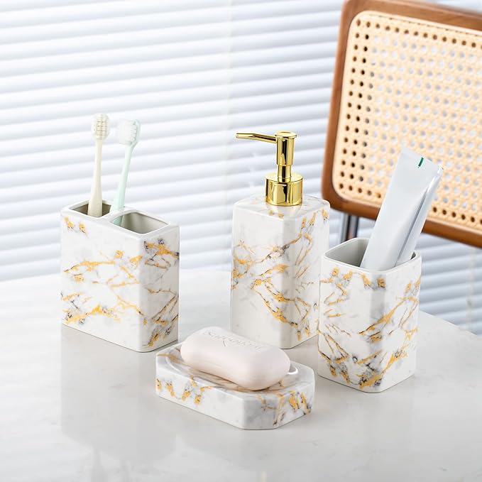4 Piece Bathroom Accessories Set - White Bathroom Accessory Sets Includes Lotion Dispenser, Toothbrush Holder Tumbler, and Soap Dish - Glossy Finish (Marble, White)