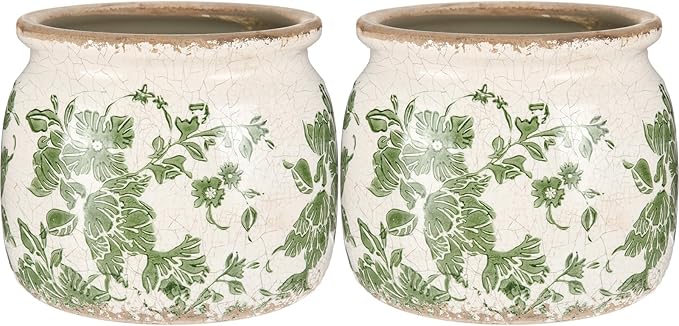 2 Pcs Vintage Planter Large Ceramic Plants Pot Beige Green Vintage Floral Ice Crack Cottage Scroll Vase Flower Vase Pot Indoor Plants Home Kitchen Decor Farmhouse Antique Decorative Gifts