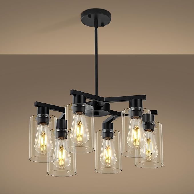 6-Light Black Modern Farmhouse Chandelier for Dining Room Ceiling Light Fixture with Clear Glass Shades, Adjustable Hanging Industrial Pendant Lighting for Living Room Kitchen Island Bedroom Entryway