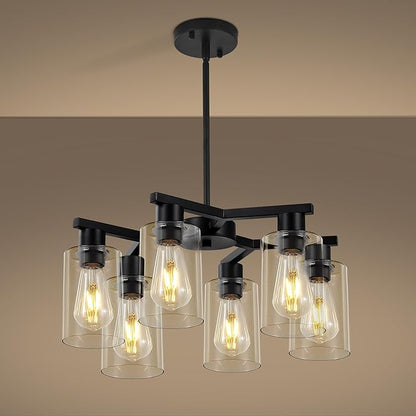 6-Light Black Modern Farmhouse Chandelier for Dining Room Ceiling Light Fixture with Clear Glass Shades, Adjustable Hanging Industrial Pendant Lighting for Living Room Kitchen Island Bedroom Entryway