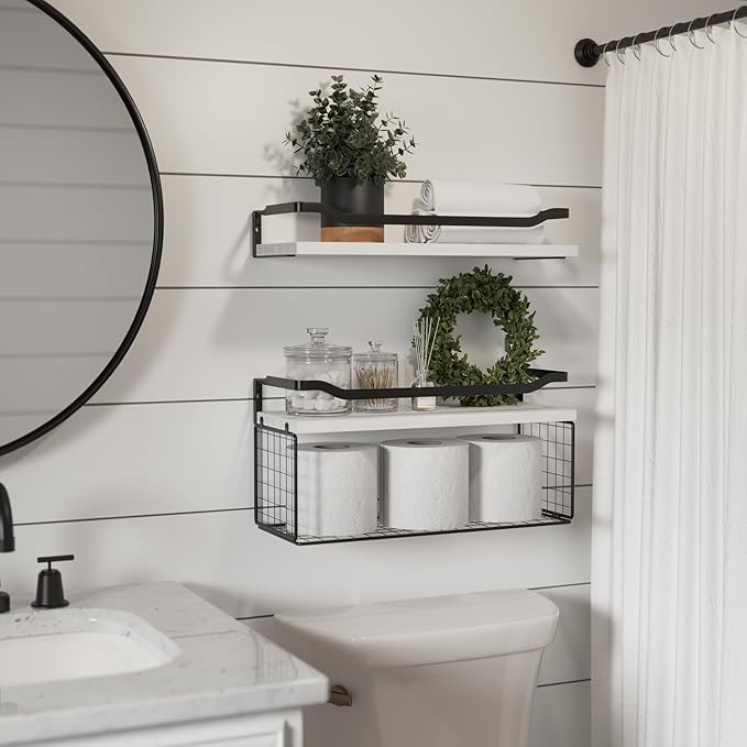 WOPITUES Floating Shelves with Wire Storage Basket, Bathroom Shelves Over Toilet with Protective Metal Guardrail, Wood Wall Shelves for Bathroom Organizers and Storage, Toilet Paper-White