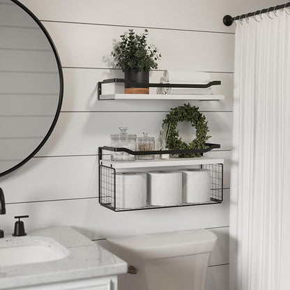 WOPITUES Floating Shelves with Wire Storage Basket, Bathroom Shelves Over Toilet with Protective Metal Guardrail, Wood Wall Shelves for Bathroom Organizers and Storage, Toilet Paper-White
