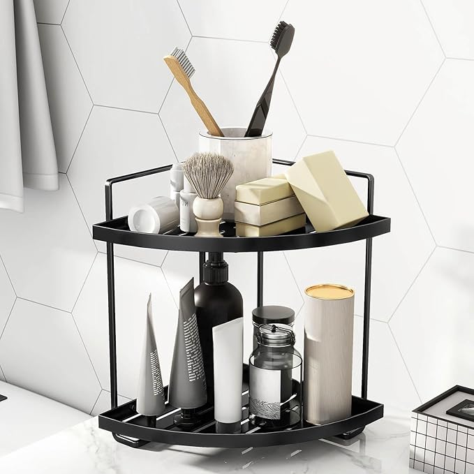 2-Tier Bathroom Counter Organizer, Corner Bathroom Organizer Countertop, Black Vanity Tray Counter Corner Shelf, Corner Organizer for Skincare Makeup Kitchen Storage, 8.2''L x 8.2''W x 11.2''H