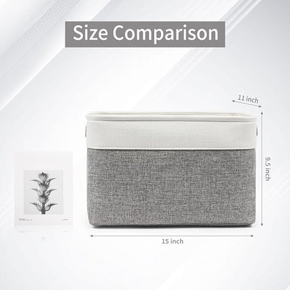 Storage Bins Large Fabric Storage Baskets for Shelves 3 Pack, Decorative Linen Closet Baskets with Handles for Organizing, Shelf, Clothes, Home, Office, 15x11x9.5Inches (Grey&White)