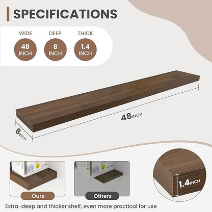 48 Inch Floating Shelves, 8 Inch Deep Floating Shelves for Wall, Hanging Shelf with Invisible Brackets, Deep Shelves for Bathroom, Bedroom, Living Room, Walnut, Set of 1