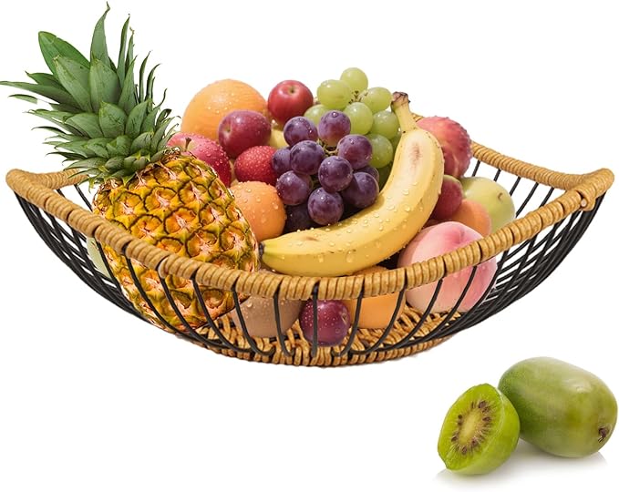 Vine Woven Iron Fruit Bowl, Metal Wire Fruit Basket, Vegetable Drain Basket, Storage Baskets for kitchen counter, countertop,Snacks, Candy, Bread,Cosmetics,Table decorative(10 x 2.95 Inches)